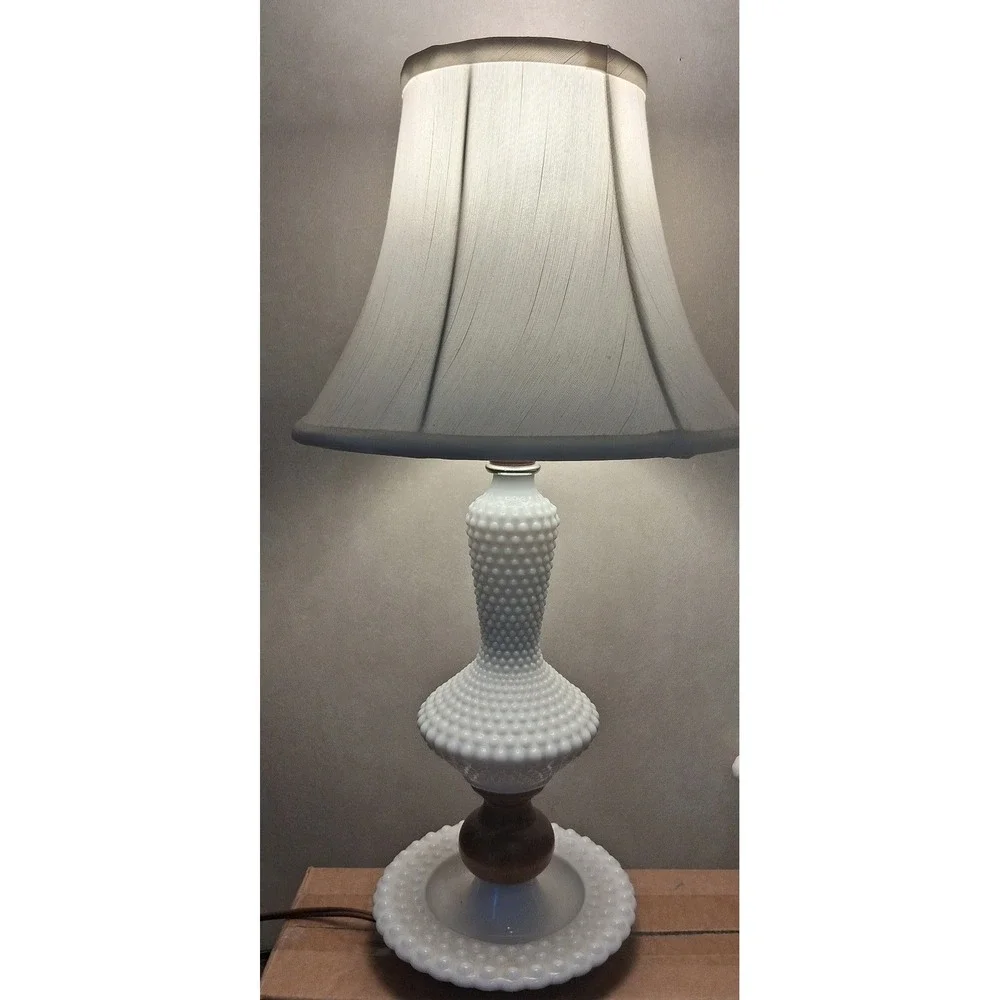 Vintage Hobnail Milk Glass Table Lamp White Wood Base Mid Century Modern Decor